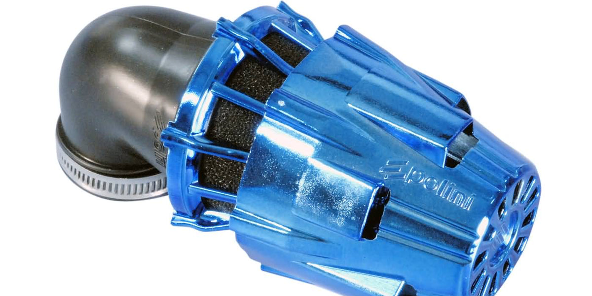 air filter Polini D.46 air box 46mm 90° chromed blue — ScooterPartShop