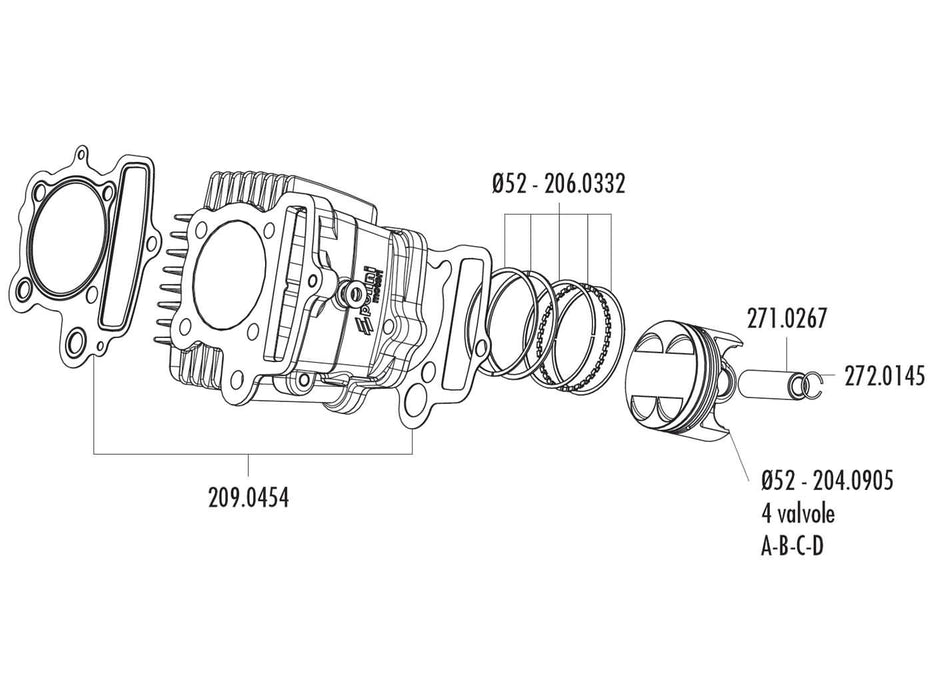 piston kit Polini 107cc 52mm (D) for Polini Minicross, Minimotard 110 XP4T with 4V cylinder head