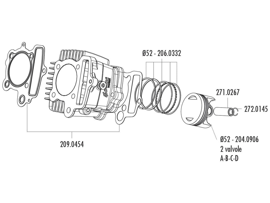 piston kit Polini 107cc 52mm (B) for Polini Minicross, Minimotard 110 XP4T with 2V cylinder head